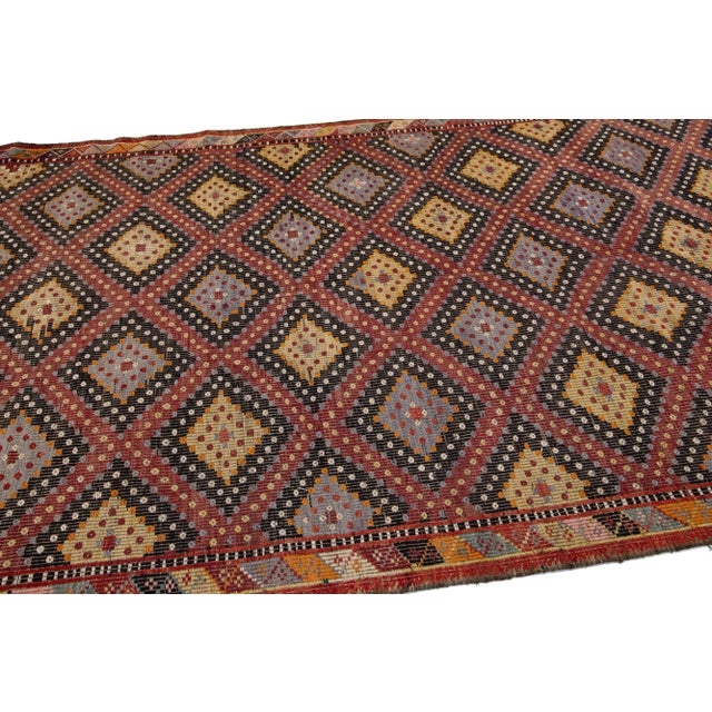 Red Multicolor Vintage Sumakh Handmade Geometric Wool Rug For Sale - Image 8 of 11