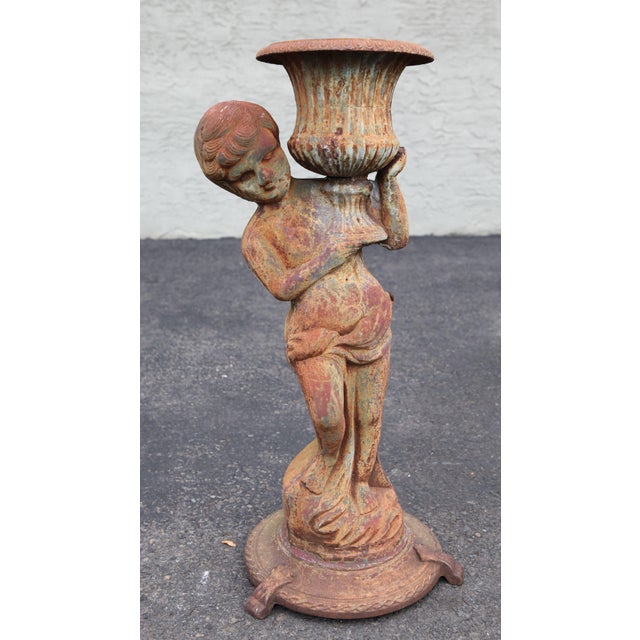 Antique Pair of Cast Iron Garden Statue Planters with Cherubs Holding