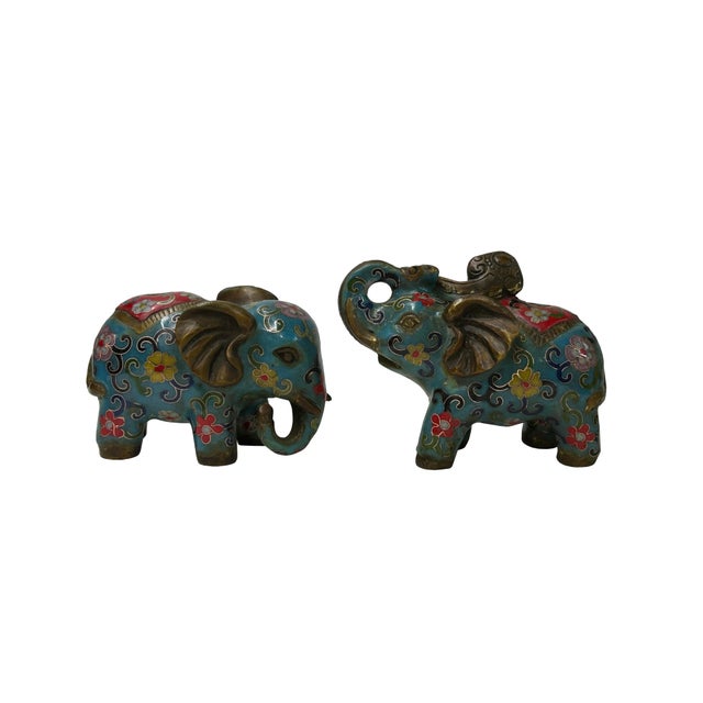 Asian Pair Turquoise Teal Enamel Fortune Fengshui Elephant Metal Figures For Sale - Image 3 of 9