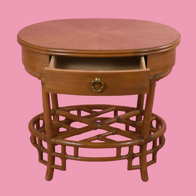 Coastal Late 20th Century Pair of Ficks Reeds Fretwork Oval Rattan Nightstands For Sale - Image 3 of 7
