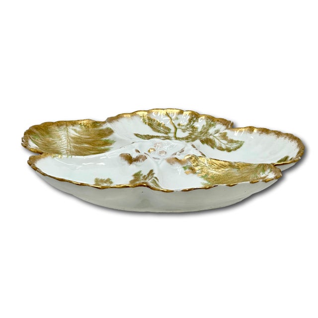Beautiful & Fine Quality 22k Gold & Ferns Decorated Antique French Limoges Porcelain Oyster Plates Set of 7 For Sale - Image 14 of 18