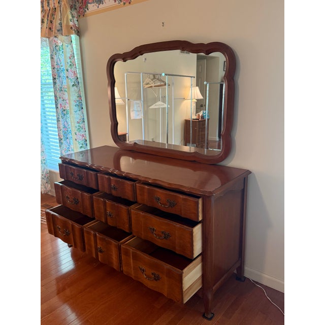 Brown 1960s French Provincial Bedroom Suite - 2 Bedside Tables, Chest on Chest and Dresser With Mirror, 4 Pieces For Sale - Image 8 of 10