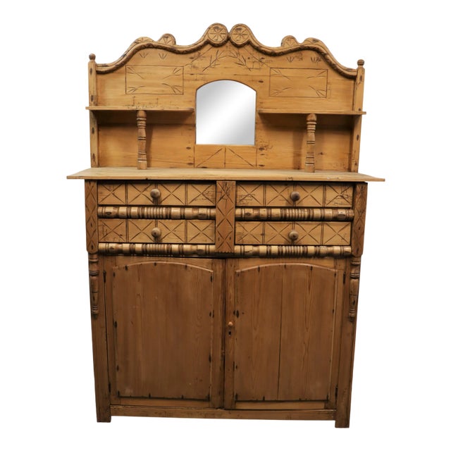 19th C Rustic Pine Chip Carved Sideboard For Sale