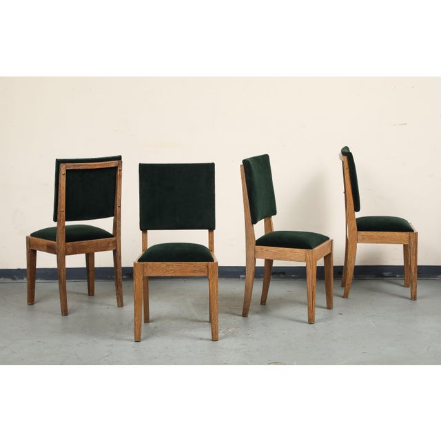 Set of Eight French Oak Dining Chairs in Forest Green Cotton Velvet, C. 1945 For Sale - Image 12 of 18