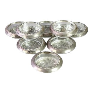 Antique Circa 1920 Sterling Silver Rimmed Drink Coasters Ornate Glass Center- Set of 8 For Sale