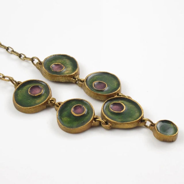 1970s Gilded Bronze Choker Necklace with Green and Purple Enamel For Sale - Image 5 of 8