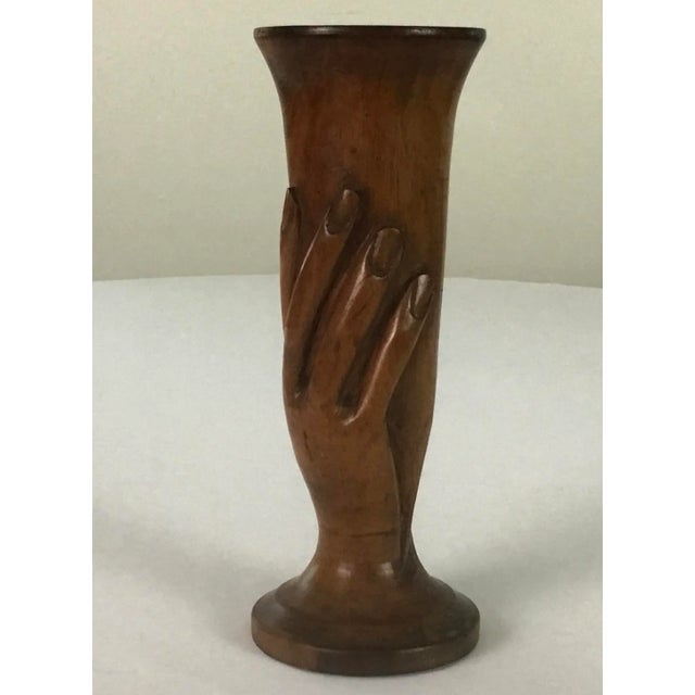 Unique one of a kind hand carved walnut vase -a graceful carving of a woman’s hand held upright supporting a vessel -from...