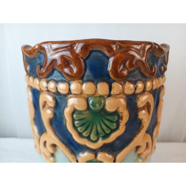 Ceramic Antique Ornate Majolica Art Nouveau Umbrella/Cane Stand Holder For Sale - Image 7 of 11