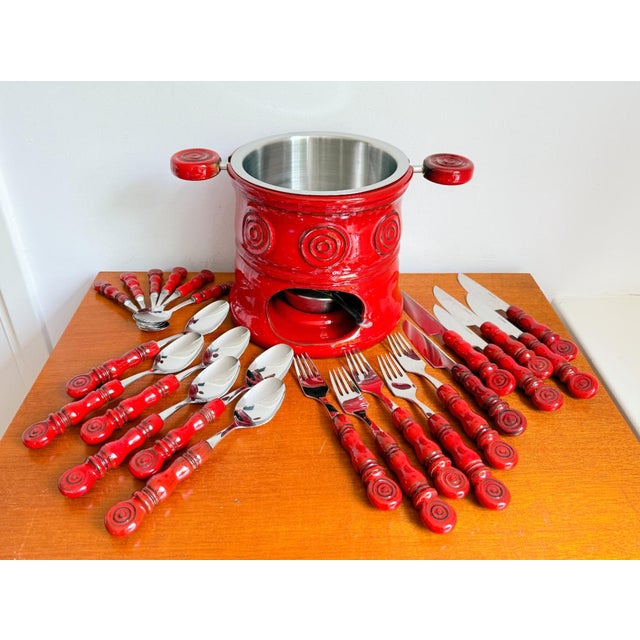Vintage Tirol Cutlery Set and Fondue Pot in Red Ceramic and Stainless Steel, 1970s, Set of 24 For Sale - Image 13 of 13