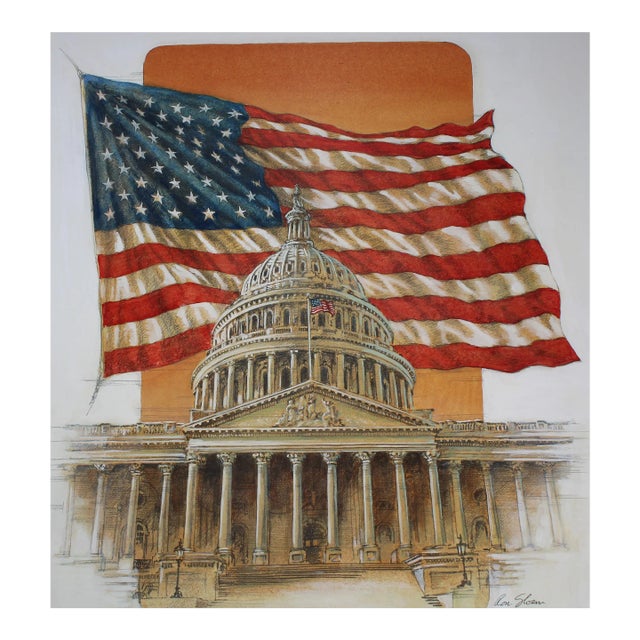 "U. S. Flag Behind Capitol" by Ron Sloan, Mixed Media Painting on Illustration Board, 1985 For Sale