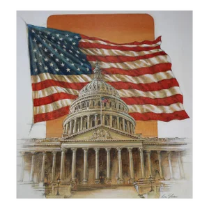 "U. S. Flag Behind Capitol" by Ron Sloan, Mixed Media Painting on Illustration Board, 1985