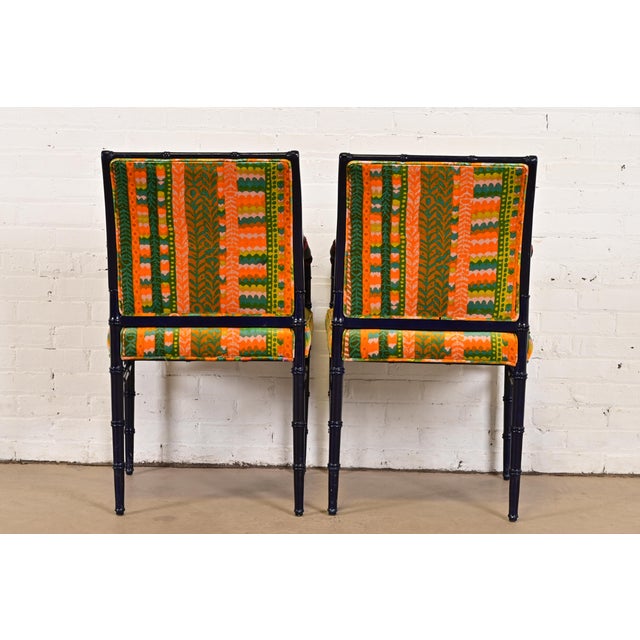 Mid-Century Hollywood Regency Ebonized Faux Bamboo Armchairs With Jack Lenor Larsen Upholstery, Pair For Sale - Image 10 of 11
