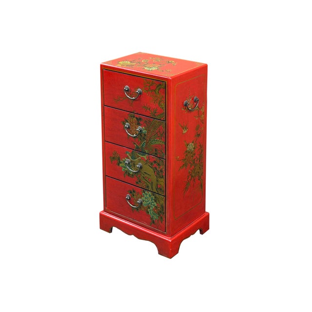 Asian Oriental Bright Red Golden Flower Bird Graphic Drawers Chest For Sale - Image 3 of 13
