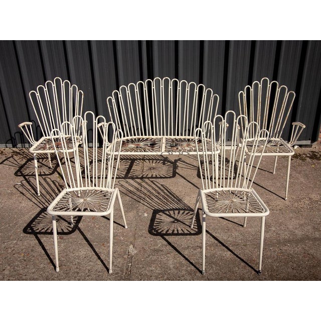White Painted Wrought Iron and Metal Bistro Chairs and Sofa in the style of Mathieu Matégot, France, 1950s, Set of 5 For Sale - Image 3 of 16
