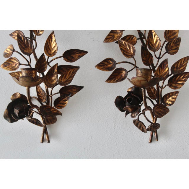 Late 20th Century Late 20th Century Hans Kögl Style Gilded Flowers Stems Leaves Wall Mount Candle Holders Sconces - a Pair For Sale - Image 5 of 18
