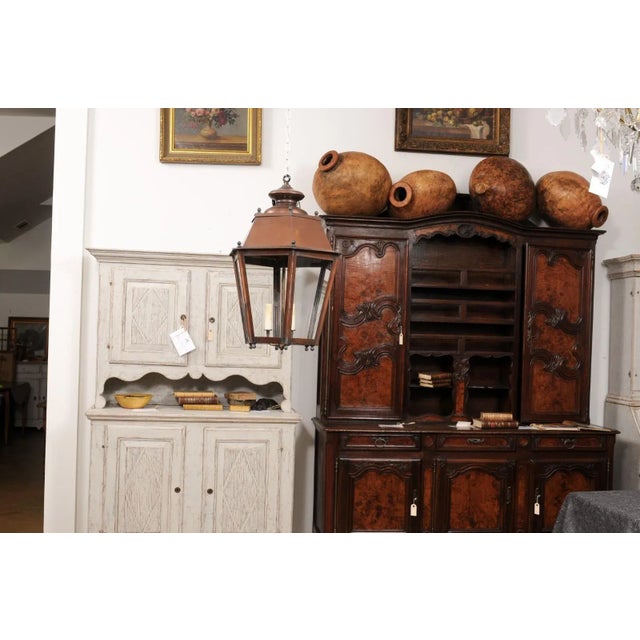 Metal French Copper Three-Light Hexagonal Lanterns with Glass Panels, US Wired - A Pair For Sale - Image 7 of 12