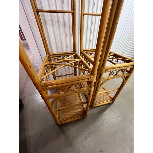 Tan Vintage Bamboo Rattan Etageres With Glass Shelves - A Pair For Sale - Image 8 of 12