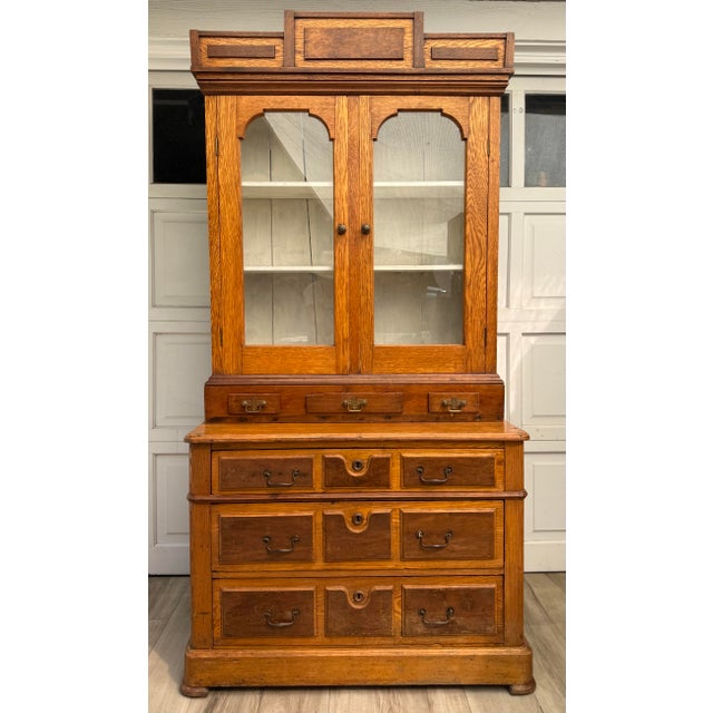 Early 1900s Architectural Oak Display Glass-Front Cabinet on Chest For Sale - Image 18 of 18