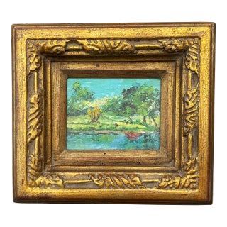 Early 20th C. Petite Original Oil on Board - Landscape. - Artisan-Carved Gilt Frame For Sale