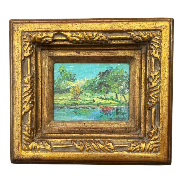 Early 20th C. Petite Original Oil on Board - Landscape. - Artisan-Carved Gilt Frame For Sale