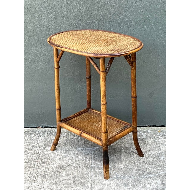 Vintage Woven Rattan Oval Side Table For Sale - Image 10 of 12
