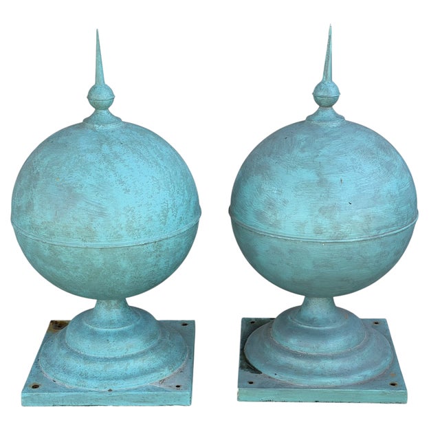 Pair of Antique Painted Copper Architectural Sphere Post Finials For Sale - Image 4 of 4