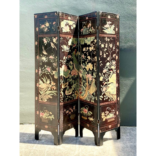 Vintage Chinoiserie Four Panel Folding Screen For Sale - Image 11 of 12