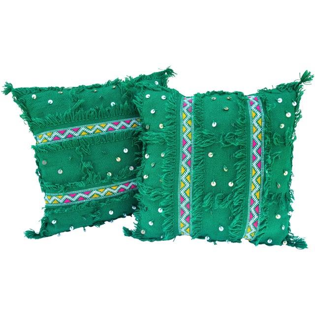 Mid-Century Modern Late 20th Century Moroccan Pink-Striped Green Pillows - Set of 2 For Sale - Image 3 of 9