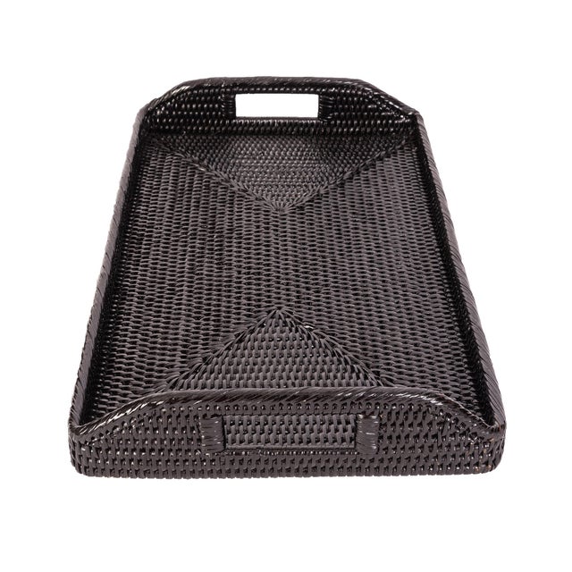 Boho Chic Artifacts Rattan Rectangular Serving Tray with High Handles in Black For Sale - Image 3 of 3