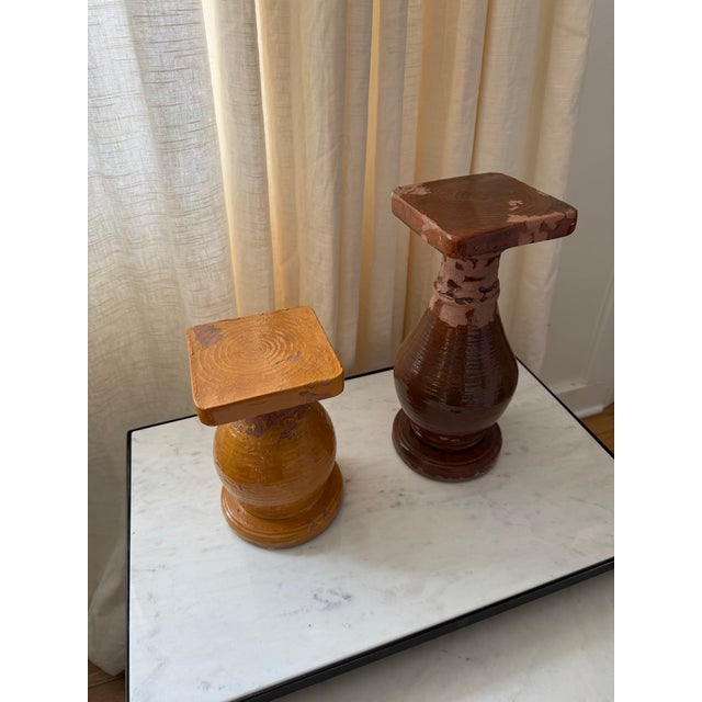 Farmhouse Pottery Barn Tuscan Terra Cotta Pillar Candle Holders- Set of 2 For Sale - Image 3 of 6