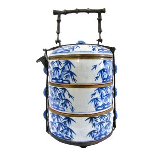 Antique Chinese Blue and White Porcelain Bamboo Three-Tiered Tiffin Lunch Box For Sale