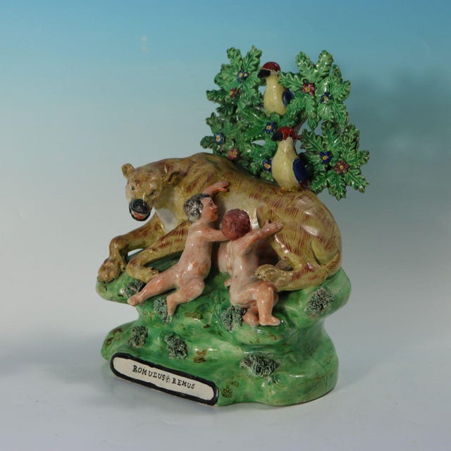 Staffordshire Pottery pearlware bocage figure group with a mythological theme. The piece features babies Romulus and Remus...
