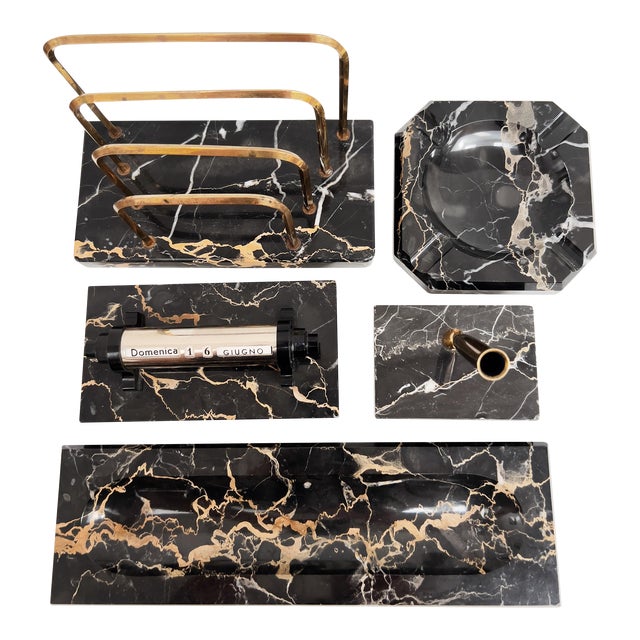 Vintage 1940s Portoro Italian Black Marble Desk Set 5 Piece Set