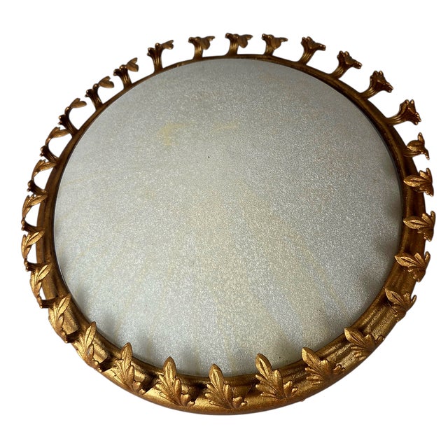 Metal Pair of Hollywood Regency Gilt Acanthus Leaf & Frosted Glass Flush Mounts For Sale - Image 7 of 15