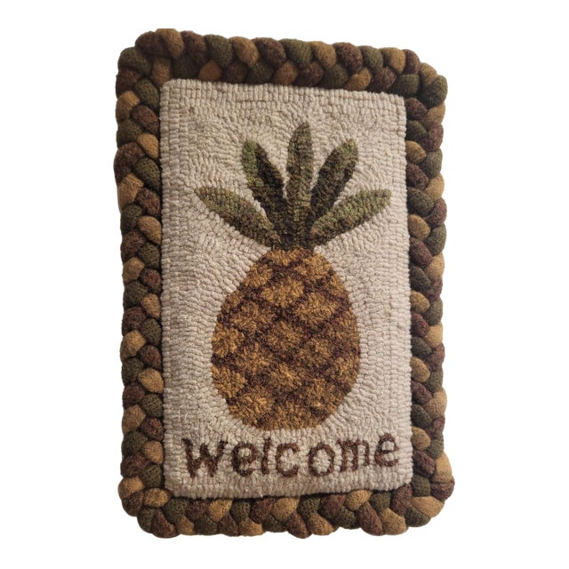 Pineapple Welcome - Hand Hooked by Designer - 100% Wool / Linen Backing For Sale