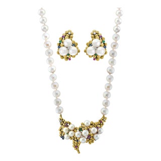 Antique Pearl and Brushed Gold Necklace and Earring Suite, Bridal 18 Karat Gold For Sale