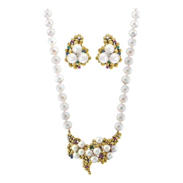 Antique Pearl and Brushed Gold Necklace and Earring Suite, Bridal 18 Karat Gold For Sale