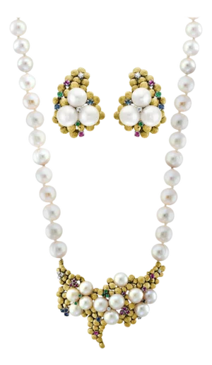 Antique Pearl and Brushed Gold Necklace and Earring Suite, Bridal 18 Karat Gold
