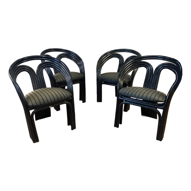 Set Four 1980's Black Bamboo Rattan Dining Chairs - Axel Enthoven for Rohe Noordwolde For Sale