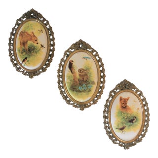 Vintage Framed Italian Silk Animal Wall Hangings - Set of 3 For Sale