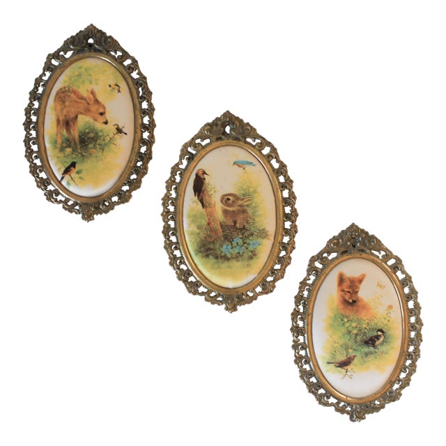 Vintage Framed Italian Silk Animal Wall Hangings - Set of 3 For Sale