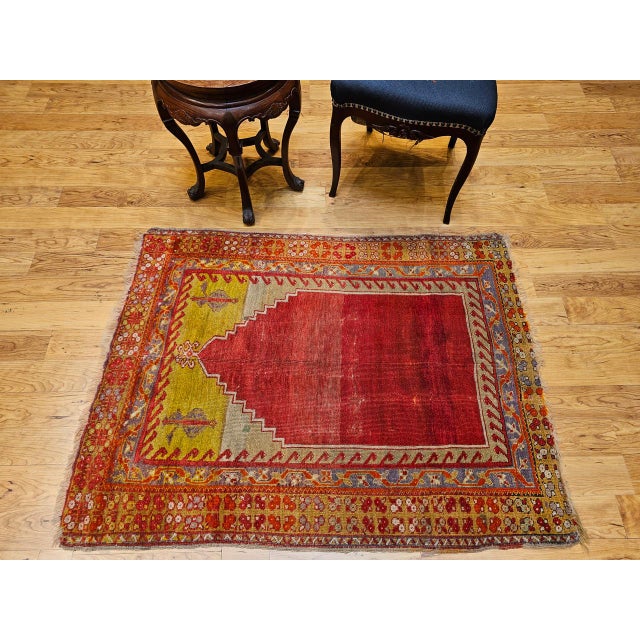 Vintage Turkish Prayer Area Rug, Hand-Knotted Wool, 4x5, Abrash Red & Yellow For Sale In Chicago - Image 6 of 14