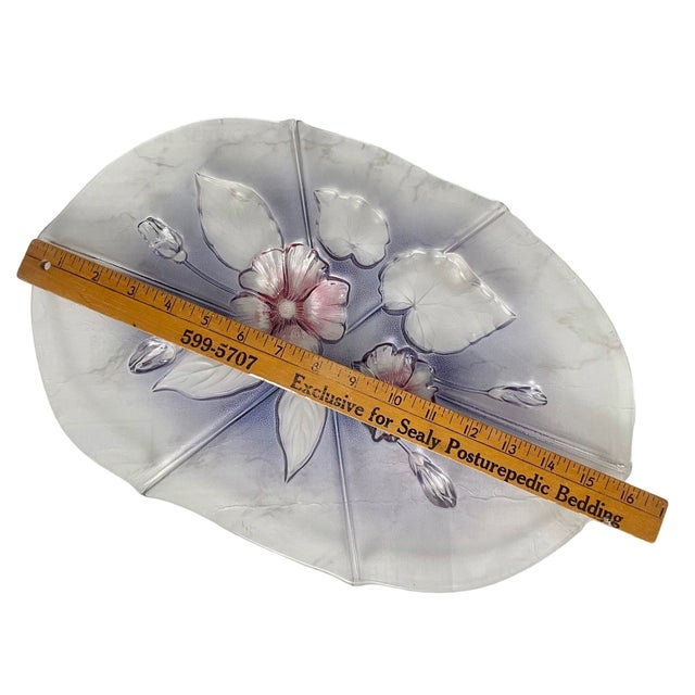 Blue Vintage Mikasa Walther Glass Oval Platter – Raised Floral & Leaf Design – Pink and Blue - Serving Tray or Centerpiece For Sale - Image 8 of 8