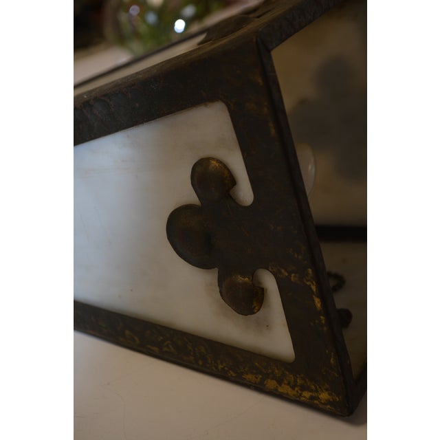 1910s Arts & Crafts Brown Cast Iron / Metal & Slag Glass Hanging Swag Light W/Plug Gothic For Sale - Image 12 of 18
