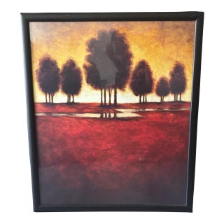 Framed Art Print Red Field With Silhouetted Trees Against a Warm Orange Sky For Sale