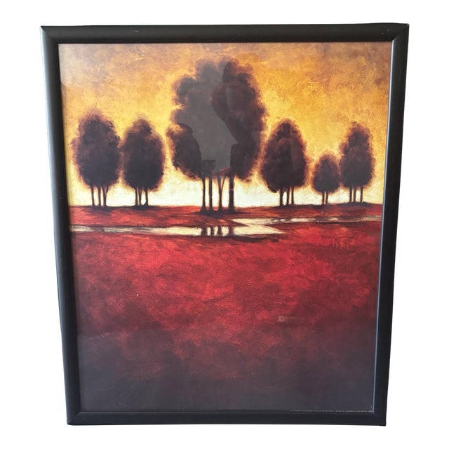 Framed Art Print Red Field With Silhouetted Trees Against a Warm Orange Sky For Sale