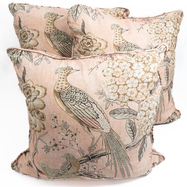Thibaut Custom Anna French Villeneuve Chinoiserie Designer Pillow - Blush Linen With Hand-Etched Pheasants & Songbirds - Luxury Feather-Down (20"x20") For Sale - Image 4 of 14