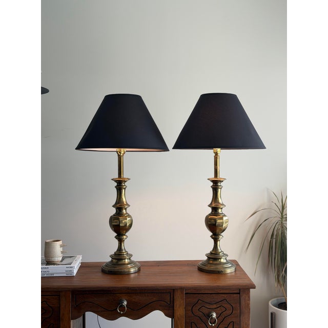 Brass Vintage Stiffel Brass Neoclassical Baluster Table Lamps With Black Empire Shades - a Pair For Sale - Image 8 of 12