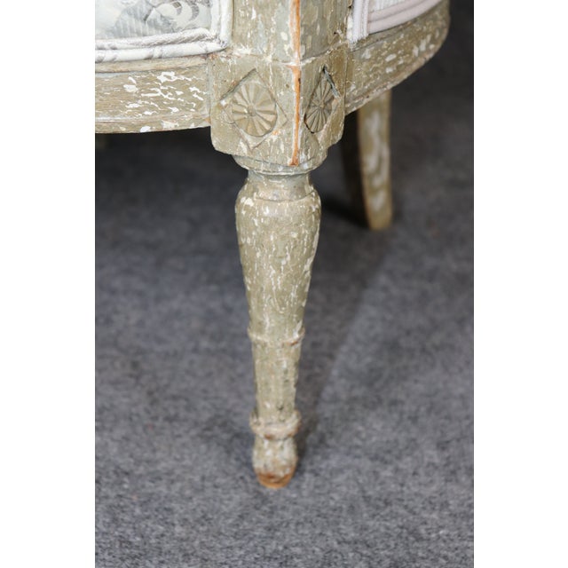 Pair 18th Century French Louis XVI Distressed Painted Bergères For Sale - Image 11 of 17