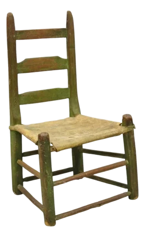 Antique Small Ladder Back Green Primitive Rustic Childs Chair W/ Deer Hide Seat